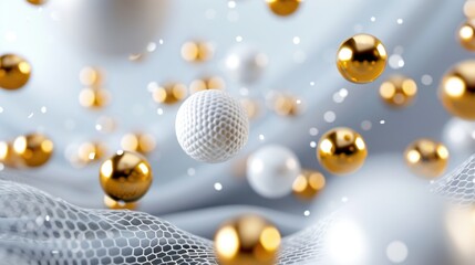 Abstract image of floating white and gold spheres on a soft background with delicate mesh and bokeh effects