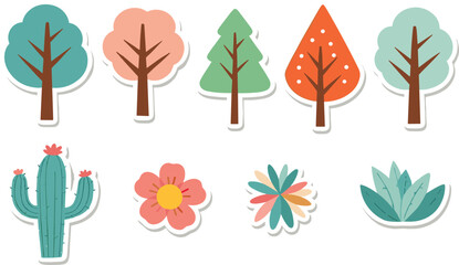 Obraz premium Flat cartoon nature icon collection featuring trees, cactus and flowers, colorful botanical sticker style illustrations isolated on white background