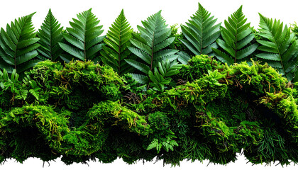 Lush, verdant forest edge with layers of fern-like leaves and moss
