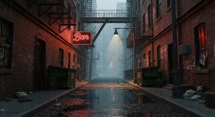 Dilapidated city alleyway scene illuminated by glowing sign and streetlight during rainfall