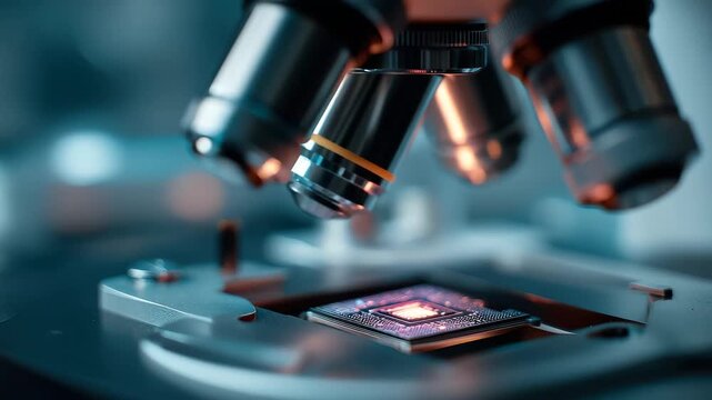 Close view of a microscope examining a microchip in a lab during the day highlighting details of technology and scientific research processes