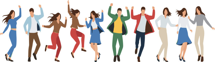 Obraz premium Group of happy jumping people in flat style, modern diverse men and women celebrating illustration set