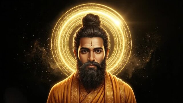 The revered indian saint guru ravidas meditating, illuminated by a golden halo in a dramatic dark portrait.