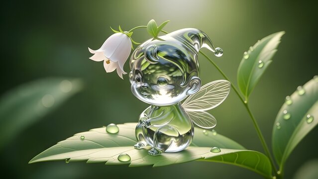 Glass fairy sitting on a green leaf with a white flower. Magic and delicate nature concept. Transparent winged elf character resting on a plant surface with morning dew drops