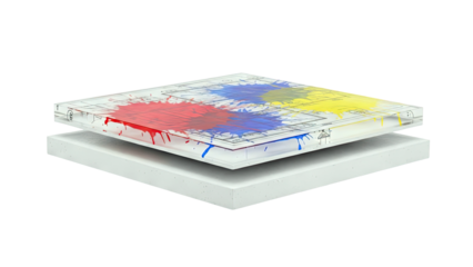 Blueprint with Colorful Paint Splatters on Clear Acrylic Layer