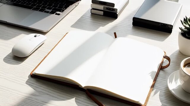 Modern Workspace with Open Notebook and Office Supplies.