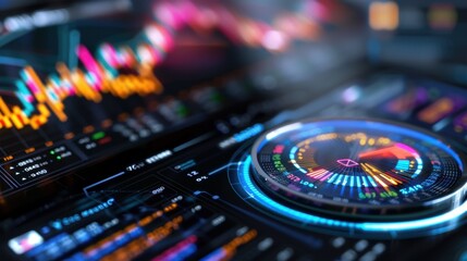 Colorful Digital Data Visualization with Graphs and Circular Charts on a Computer Screen for Business Analysis