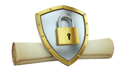 Security Shield, Padlock, and Scroll Icon
