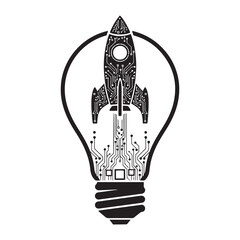 Innovative startup launch icon with rocket and digital circuit lines inside lightbulb line art vector illustration.