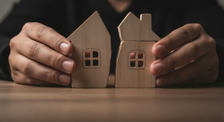 Hands separate two small wooden houses property division divorce. House models show split halves. Image represents separation real estate settlement