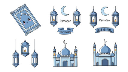 Fototapeta premium Ramadan Islamic Icons: Prayer Mat, Mosques, Lanterns, Crescent Moon, Eid Greetings
