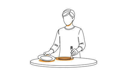 Person setting dining table preparing for meal with plate and cutlery simple line drawing style with warm color accents