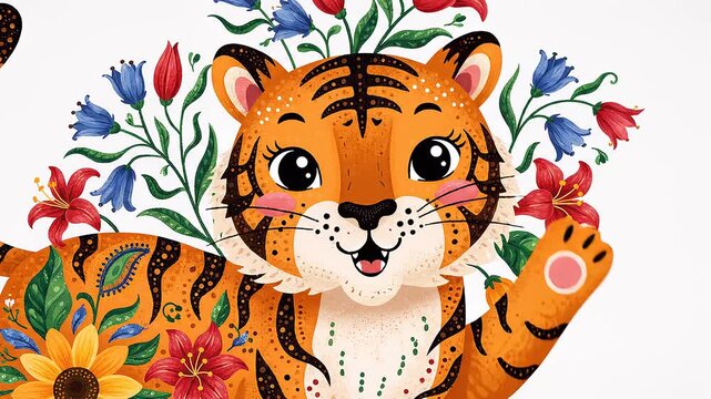 Cute Tiger Cub Character Illustration Decorated with Flowers and Stripes Patterns