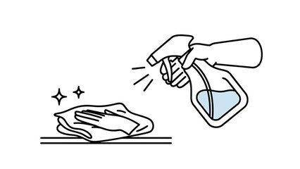 Housekeeping hand sprays surface with cleaning liquid while wiping with cloth for hygiene and sanitation tasks for a spotless environment home care
