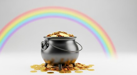 Black pot filled with gold coins. Rainbow above pot. Pot luck, wealth. Image for Irish holiday. Illustration of pot of gold at end of rainbow. Suitable for financial topics, luck themes.