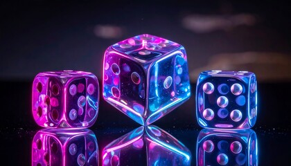 Three translucent dice illuminated by vibrant neon lights.