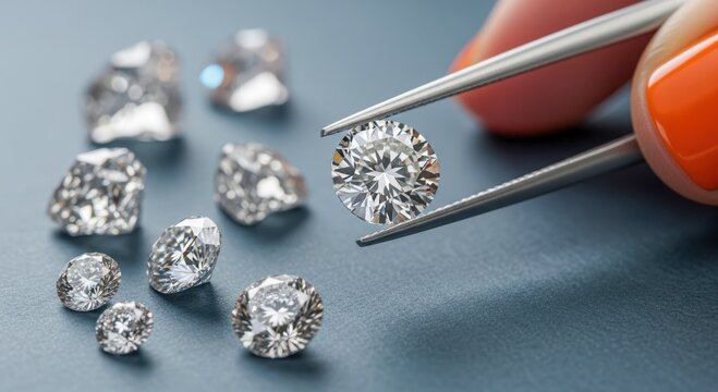 Close up view of brilliant cut diamond held by tweezers. Multiple loose diamonds with various cuts on light gray surface. Image gem expert handling precious stone