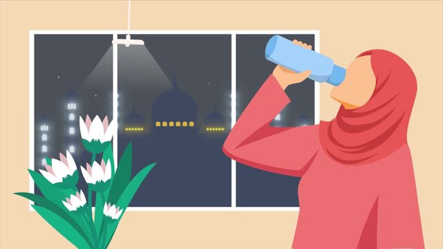 a woman breaking her fast. Activity in Ramdhan concept. Full length animation illustration. High quality&nbsp;4k&nbsp;footage