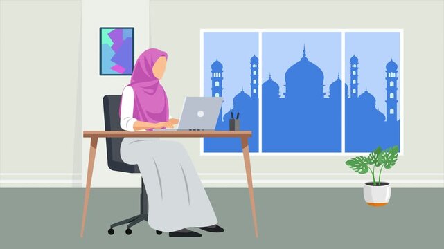 hijab women working during Ramadhan. Activity in Ramdhan concept. Full length animation illustration. High quality&nbsp;4k&nbsp;footage