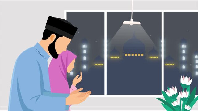 husband and wife worship during Ramadhan. Activity in Ramdhan concept. Full length animation illustration. High quality&nbsp;4k&nbsp;footage