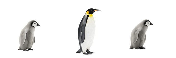 Set of Emperor Penguin (Aptenodytes forsteri) adult and two fluffy grey chicks isolated on white background © jamilkhan