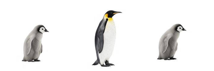 Set of Emperor Penguin (Aptenodytes forsteri) adult and two fluffy grey chicks isolated on white background