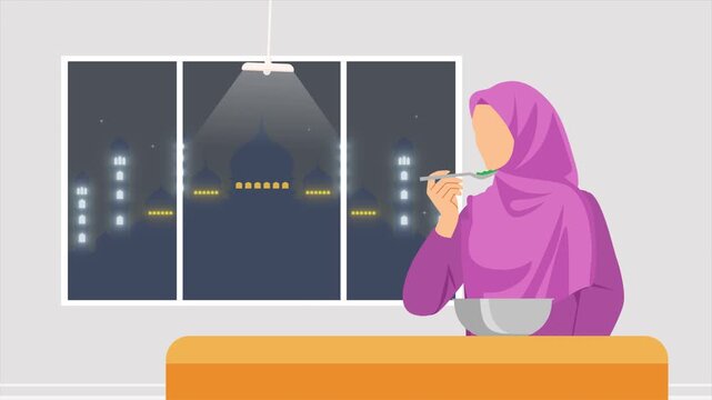a woman breaks her fast with food. Activity in Ramdhan concept. Full length animation illustration. High quality&nbsp;4k&nbsp;footage