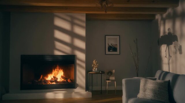 Cozy living room scene with fireplace, sofa, and lamp, illuminated by sunlight streaming through the window, creating a warm atmosphere