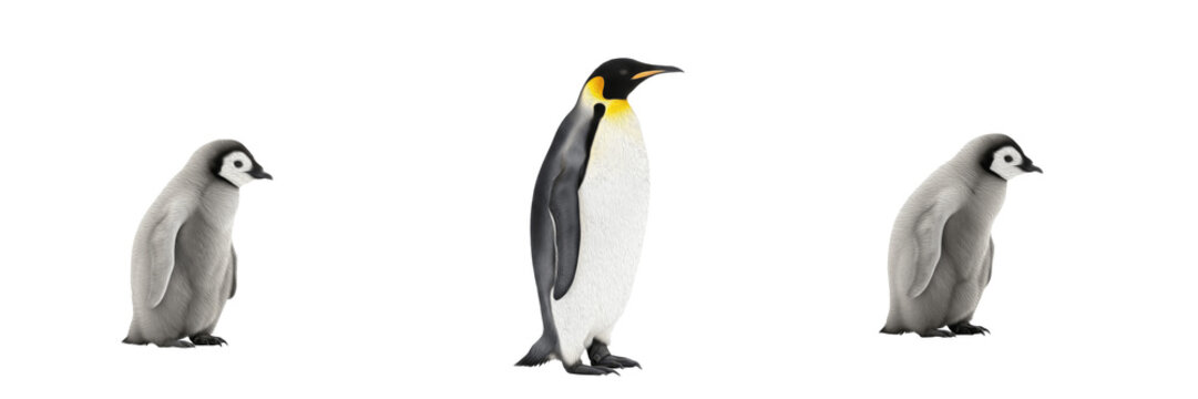 Set of Emperor Penguin (Aptenodytes forsteri) adult and two fluffy grey chicks isolated on white background