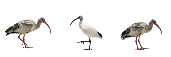 Set of three Ibis birds including American White Ibis (Eudocimus albus) and African Sacred Ibis
