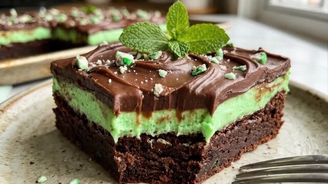 A delectable close-up captures a rich, layered chocolate dessert, featuring a fudgy brownie base, a vibrant green creamy mint-flavored filling, and a glossy dark chocolate ganache topping. Garnished w