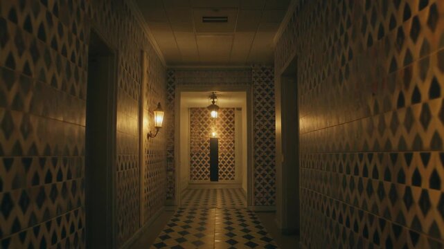 A dimly lit corridor with a mysterious figure standing at the end, surrounded by patterned walls and a checkered floor, viewed from the entrance.