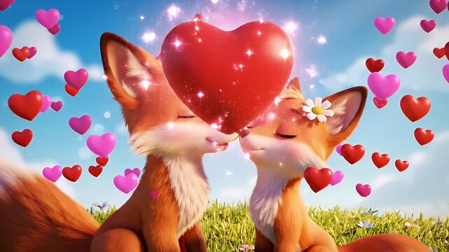 Fox Love on Valentine's Day - Two cartoon foxes express their love against a blue sky backdrop filled with pink and red hearts. One fox has a white daisy placed near their ear.