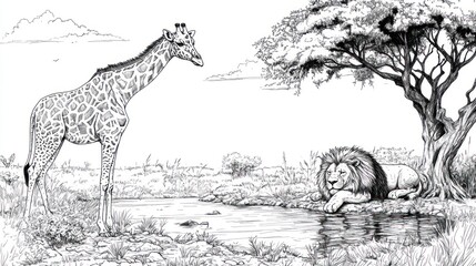 Giraffe and Lion by a Waterhole in Africa. Illustration. Educational