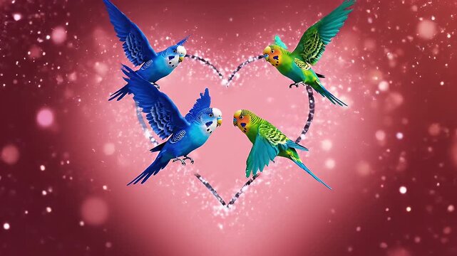 Colorful Parakeets with Heart Sparkle Background - A group of four vibrant parakeets, two blue and two green, are gracefully flying against a sparkling heart-shaped backdrop.