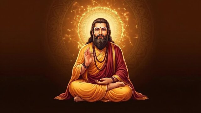 Guru ravidas sitting peacefully, illustrated with a warm golden aura for jayanti commemoration on a dark background.