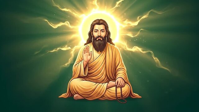 Spiritual digital illustration of guru ravidas sitting and giving a blessing, illuminated by a bright golden halo for ravidas jayanti.