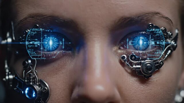 Futuristic cybernetic eyes with glowing data interfaces