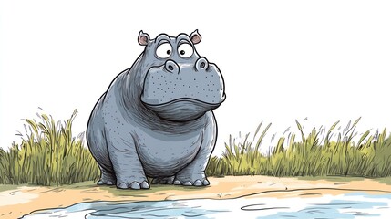 Cartoon hippopotamus by water