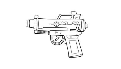 Black and white illustration of a futuristic, retro-styled blaster pistol with intricate details. Depicted with a trigger, scope, and cylindrical barrel