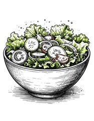 Black and white illustration of a fresh salad in a bowl. Features lettuce, cucumbers, and tomatoes with detailed shading