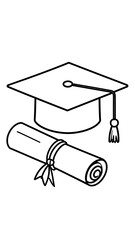 Black and white illustration of a graduation cap and a rolled-up diploma. The cap features a tassel, & diploma is tied