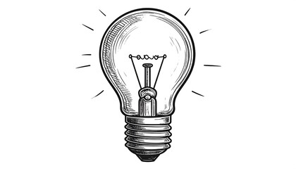 Black and white illustration of a glowing, etched light bulb, suggesting ideas and innovation