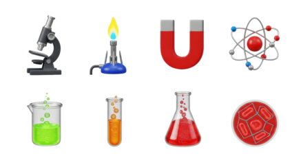 Isolated 3d kawaii icons of laboratory equipment (beaker, microscope, magnet) with bubbling, vibrant liquids, high-gloss finish, on a sterile white background. Concept for playful science education