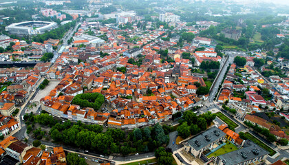 Aerial panorama view of the downtown in the city Guimarães in portugal on a cloudy spring noon. 