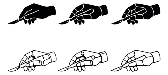 Surgical scalpel hand icon set featuring human and robotic styles in solid and line art for healthcare and innovation