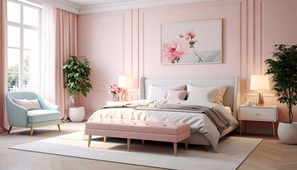 Elegant bedroom bathed in soft pink hues, featuring a bed, art, plants, and natural light