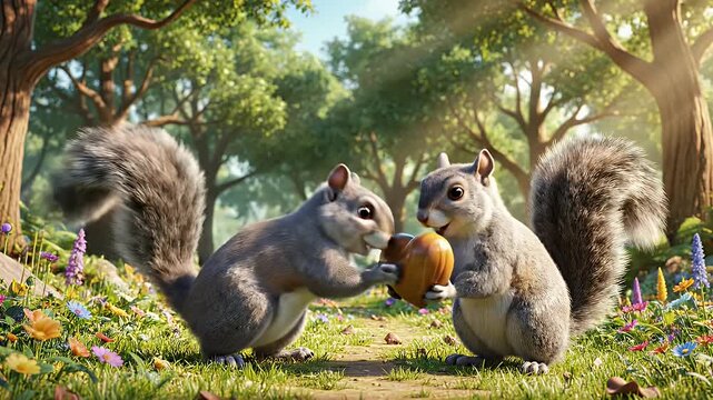 Squirrel Love in the Meadow - Two cartoon squirrels are shown facing each other in a sunlit meadow of wildflowers, one squirrel is holding a heart-shaped nut.