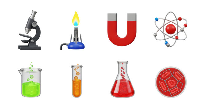 Isolated 3d kawaii icons of laboratory equipment (beaker, microscope, magnet) with bubbling, vibrant liquids, high-gloss finish, on a sterile white background. Concept for playful science education