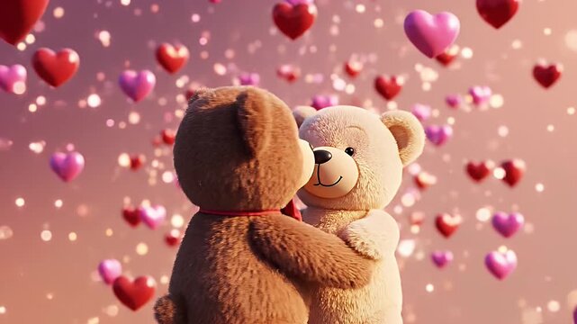 Teddy Bear Love - Two cute teddy bears hug, with a background of pink and red hearts and bokeh lights. They are facing away from the camera to keep the focus on the affection they have for each other.